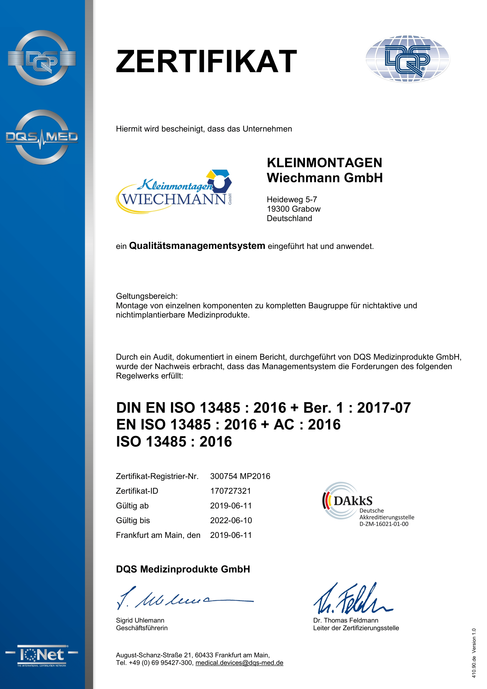 Zertifikat DIN EN ISO 13485 - Kleinmontagen Wiechmann GmbH